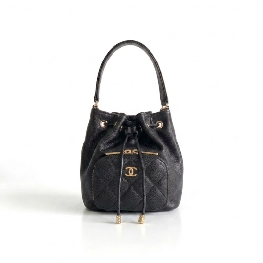 AP2913 COCO CAVIAR QUILTED MINI CC POCKET BUCKET BAG BLACK(12.5*10*7cm)