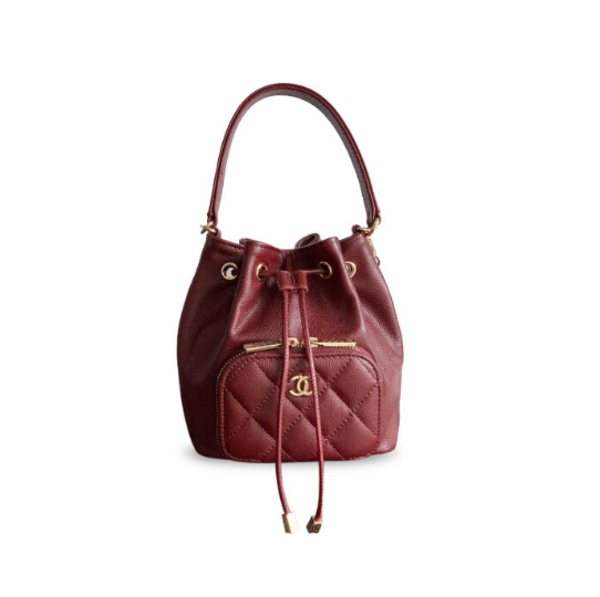AP2913COCO CAVIAR QUILTED MINI CC POCKET BUCKET BAG CLARET  (12.5*10*7cm)