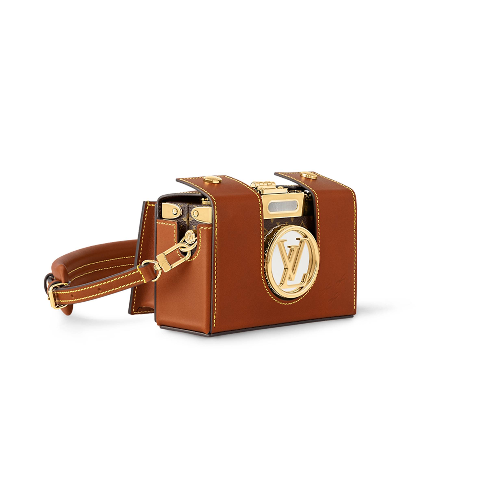 M47116 LouisV Mini Trunk Bag - Monogram Canvas  Cognac Leather - 14 × 10 × 5 cm