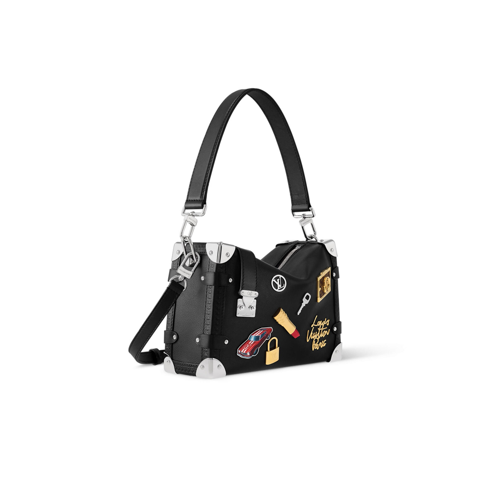 M25568  M46358 LouisV Side Trunk Medium Bag - Black Leather  Lipstick Badge - 16 × 8.5 × 23.5 cm
